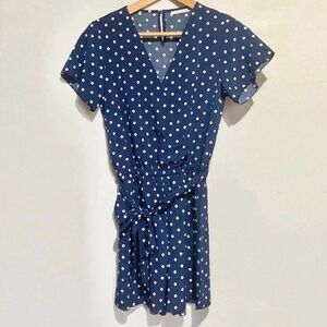 Reoria Navy and White Polka Dot Romper With Tie Belt Size Small